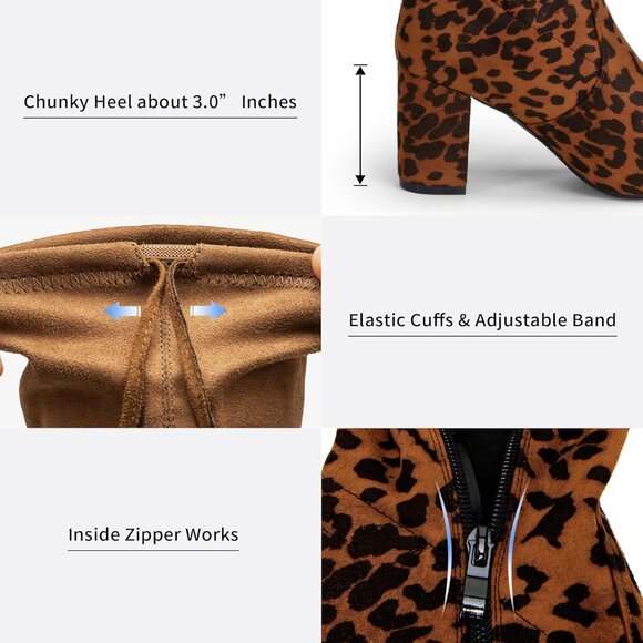 Women's Leopard Suede Inner Zipper Thigh High Over The Knee High Heel Boots - Picture 3 of 7